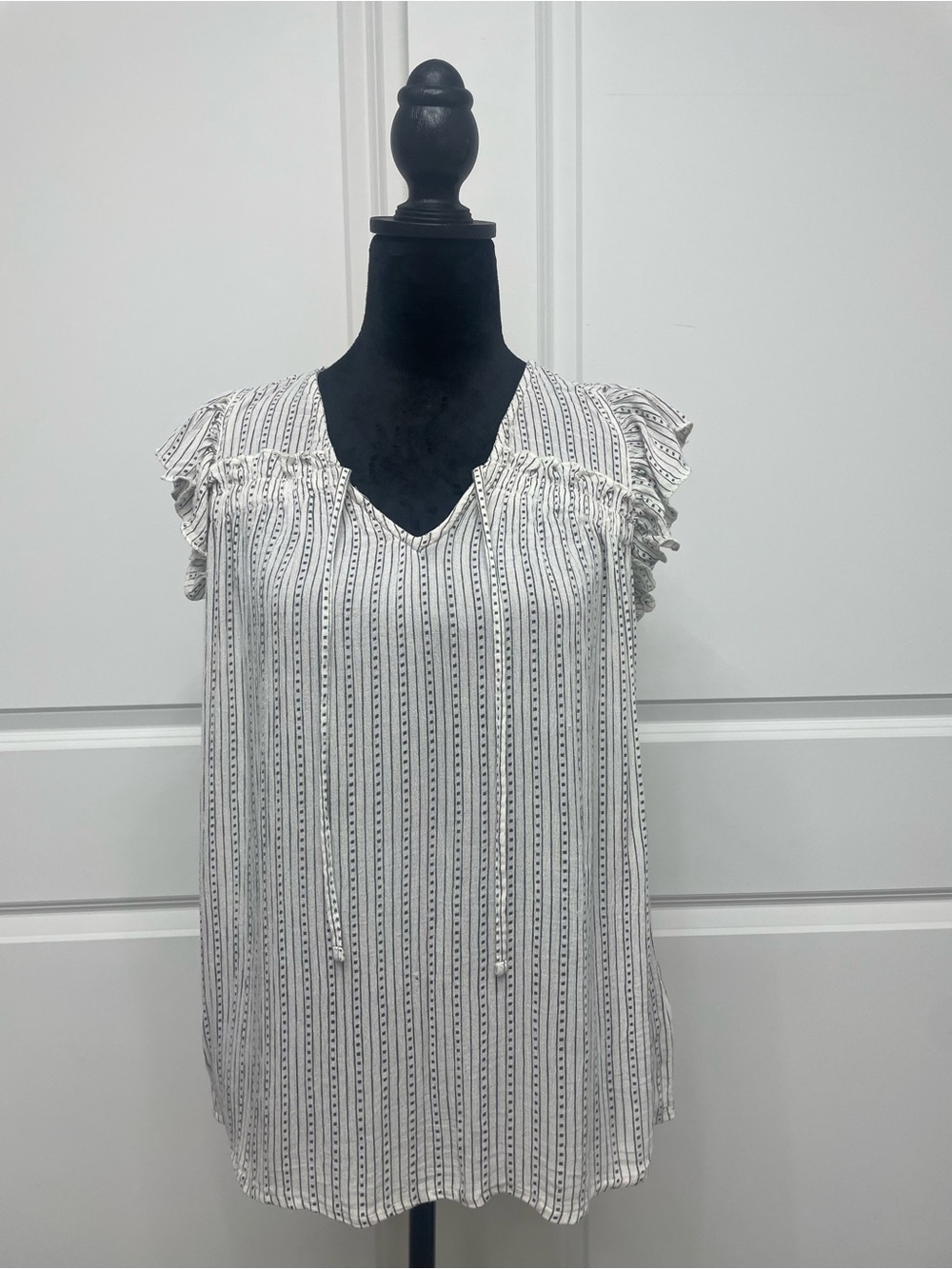 Old Navy White Black Striped Ruffle Sleeve V-Neck Camisole
